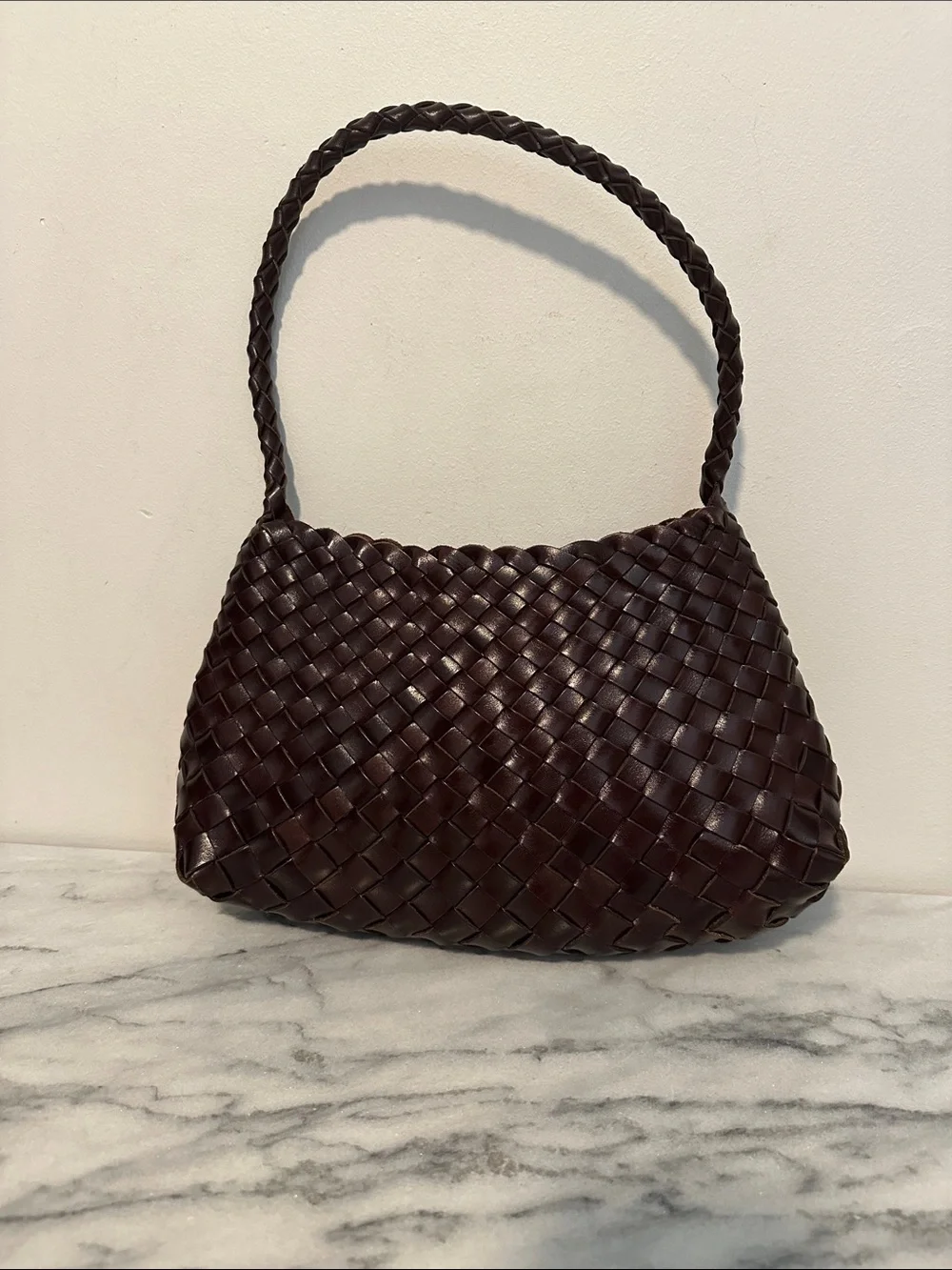 Faye Creations Emma Woven Full-Grain Leather Shoulder Bag - Dark Brown